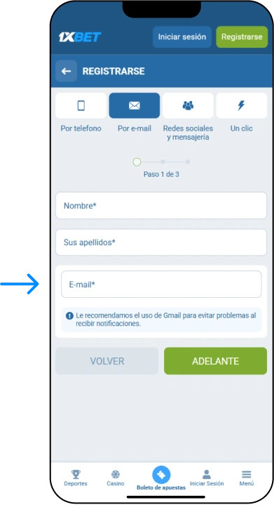 Registro por correo electrónico - App 1xBet México