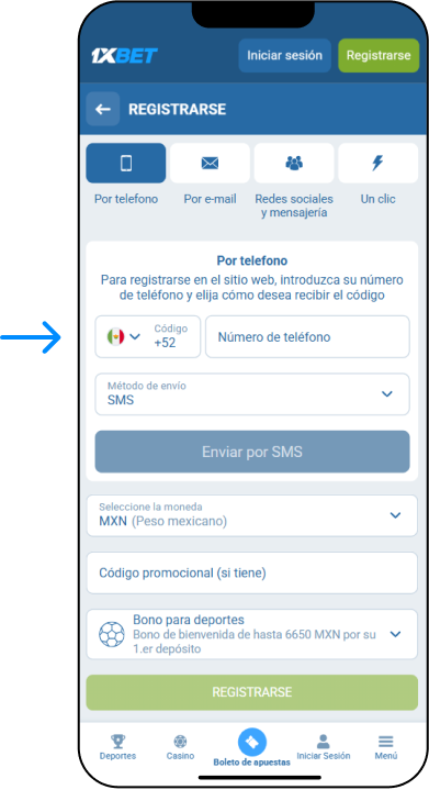 Registro por número de teléfono - App 1xBet México