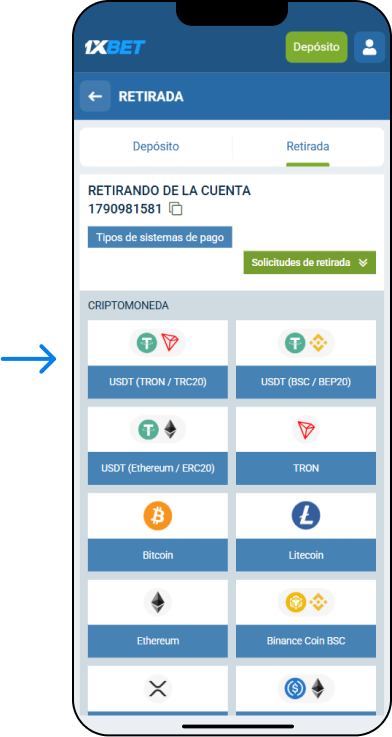Retiro con criptomonedas - App 1xBet México