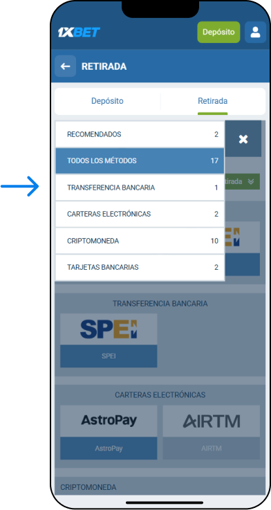 Retiro por transferencia bancaria - App 1xBet México